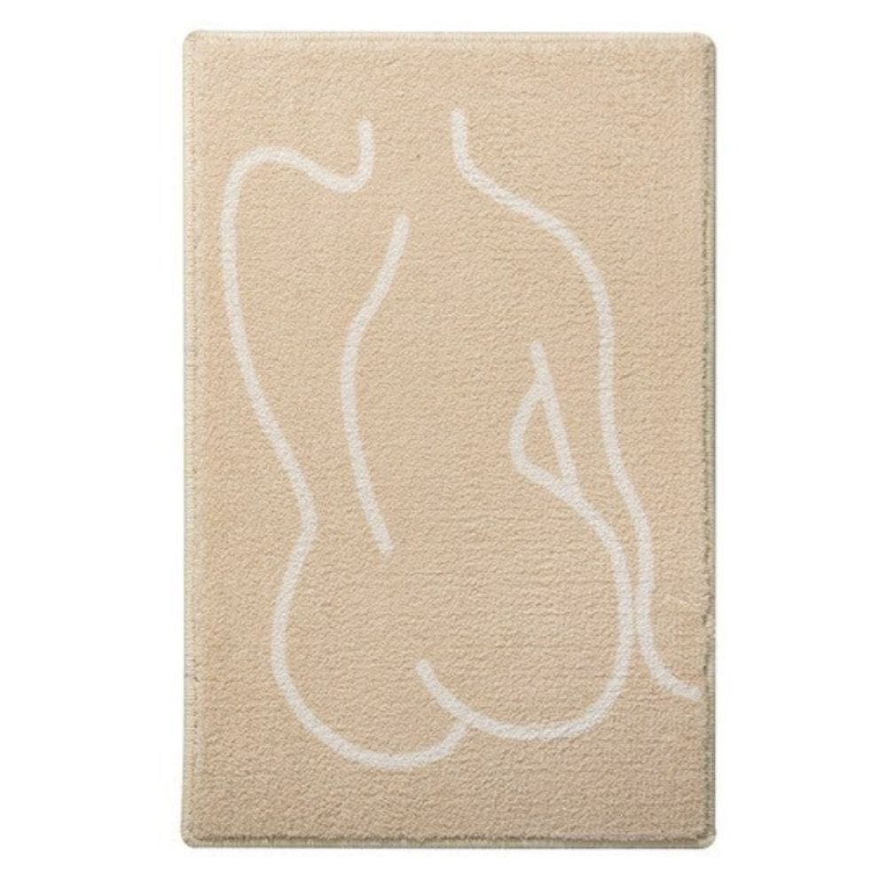 Abstract beige bath mat with white minimalist outline design.