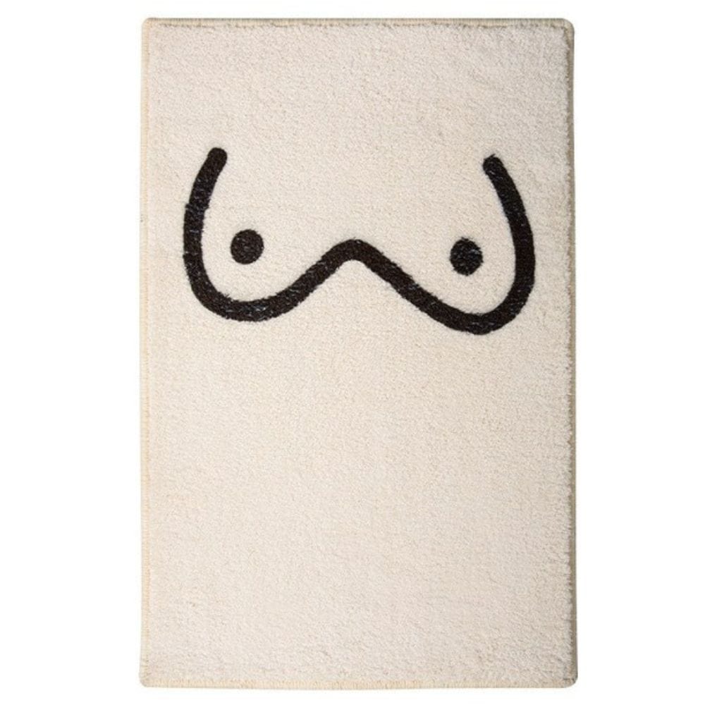 Abstract mustache design bath mat, cream colored, modern bathroom decor.