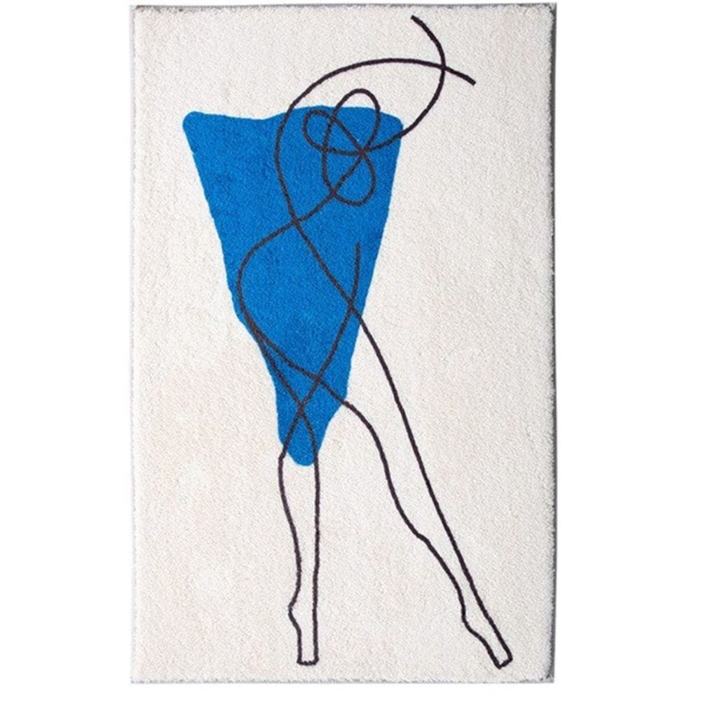 Abstract blue and black line art bath mat design.