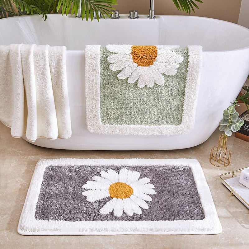 Floral Bath Mat with Daisy Design for Bathroom.