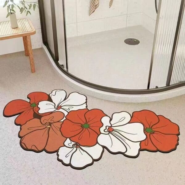 Floral Bath Mat with Red and White Flowers for Bathroom.
