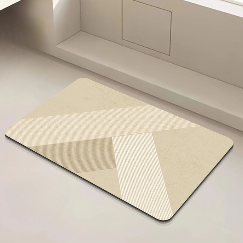 Modern beige bath mat with geometric pattern for bathroom.