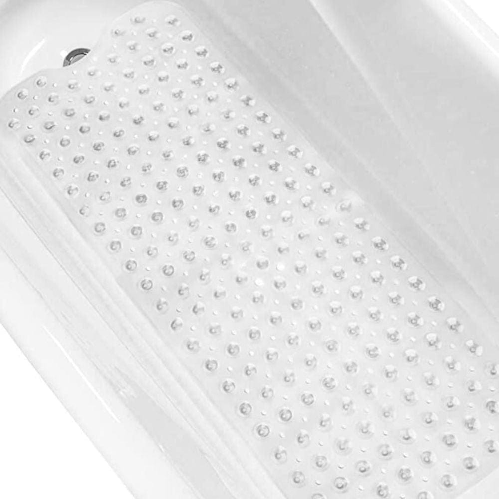Clear non-slip bath mat with suction dots for tub safety.