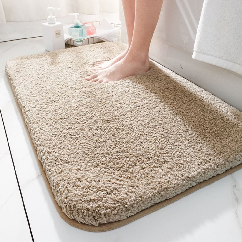 Big fluffy bath mat for comfort and style in bathroom.