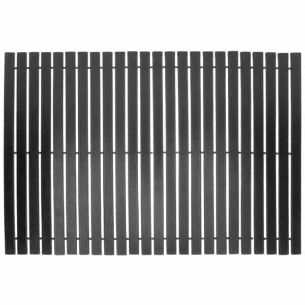 Black bamboo bath mat with slatted design for bathroom comfort.