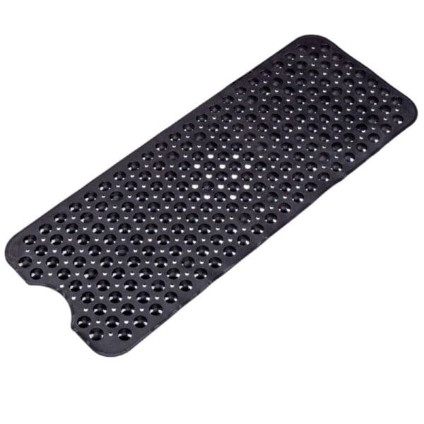 Black perforated bath mat for non-slip bathroom use.