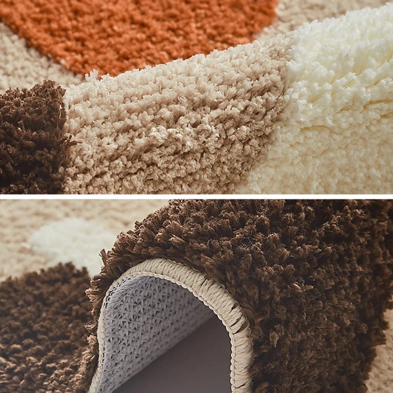 Brown and cream fluffy bath mat with non-slip backing.