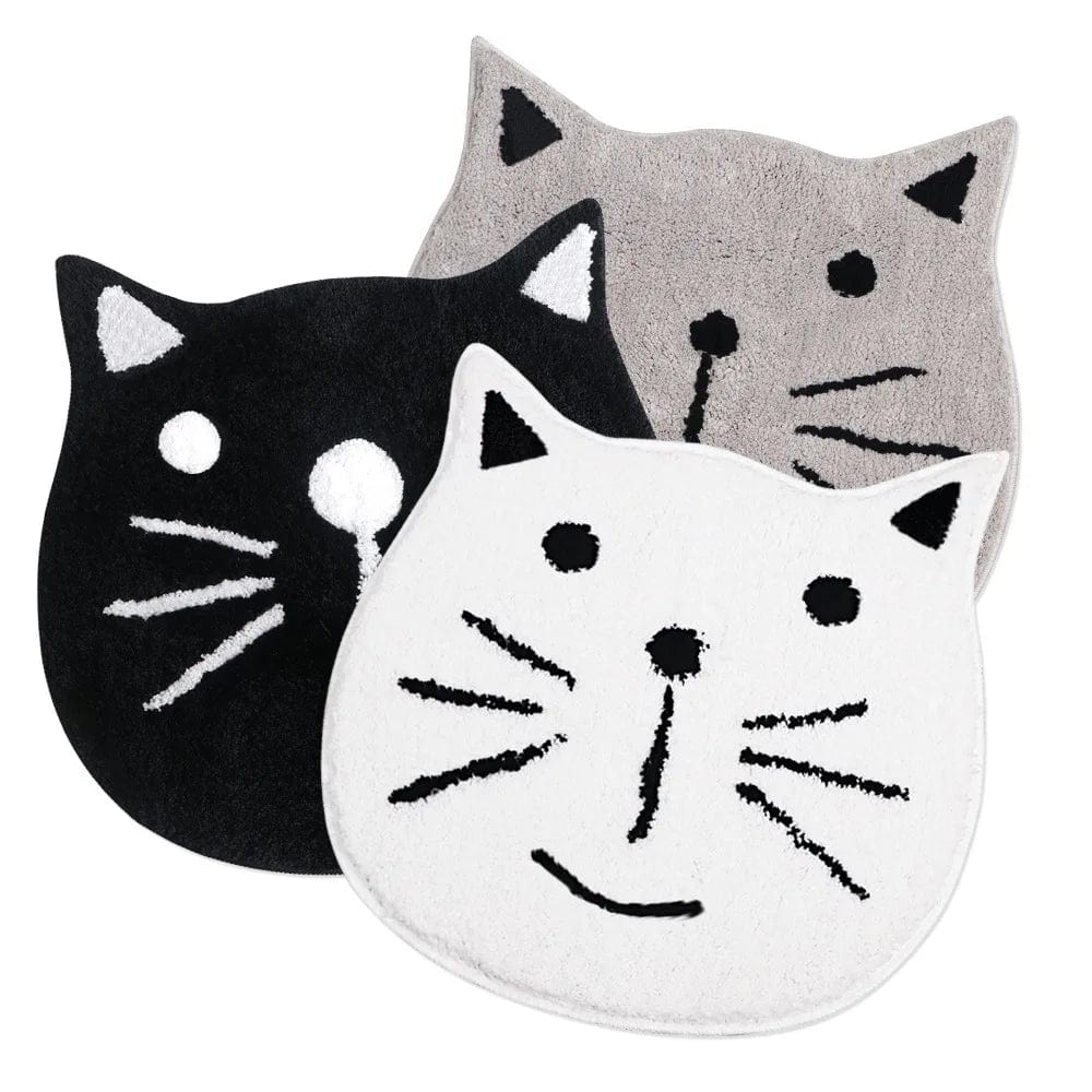 Cute cat face bath mats in black, white, and gray.