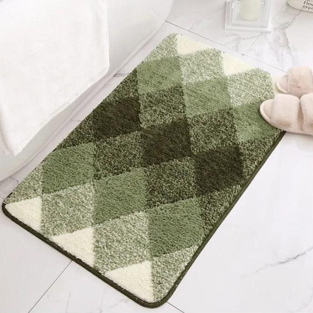 Green Checked Bath Mat for Bathroom with Soft Shaggy Texture.