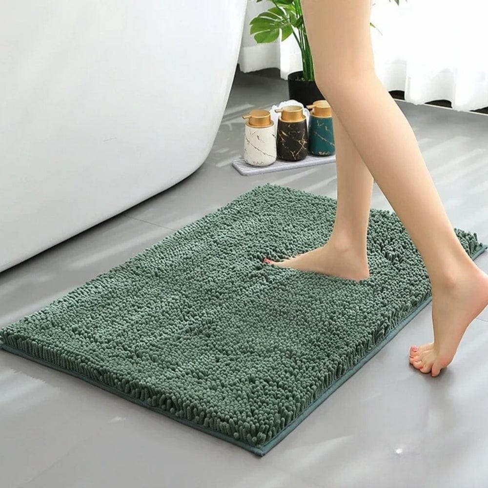 Green Chenille Bath Mat for Comfortable Step Out of Shower.