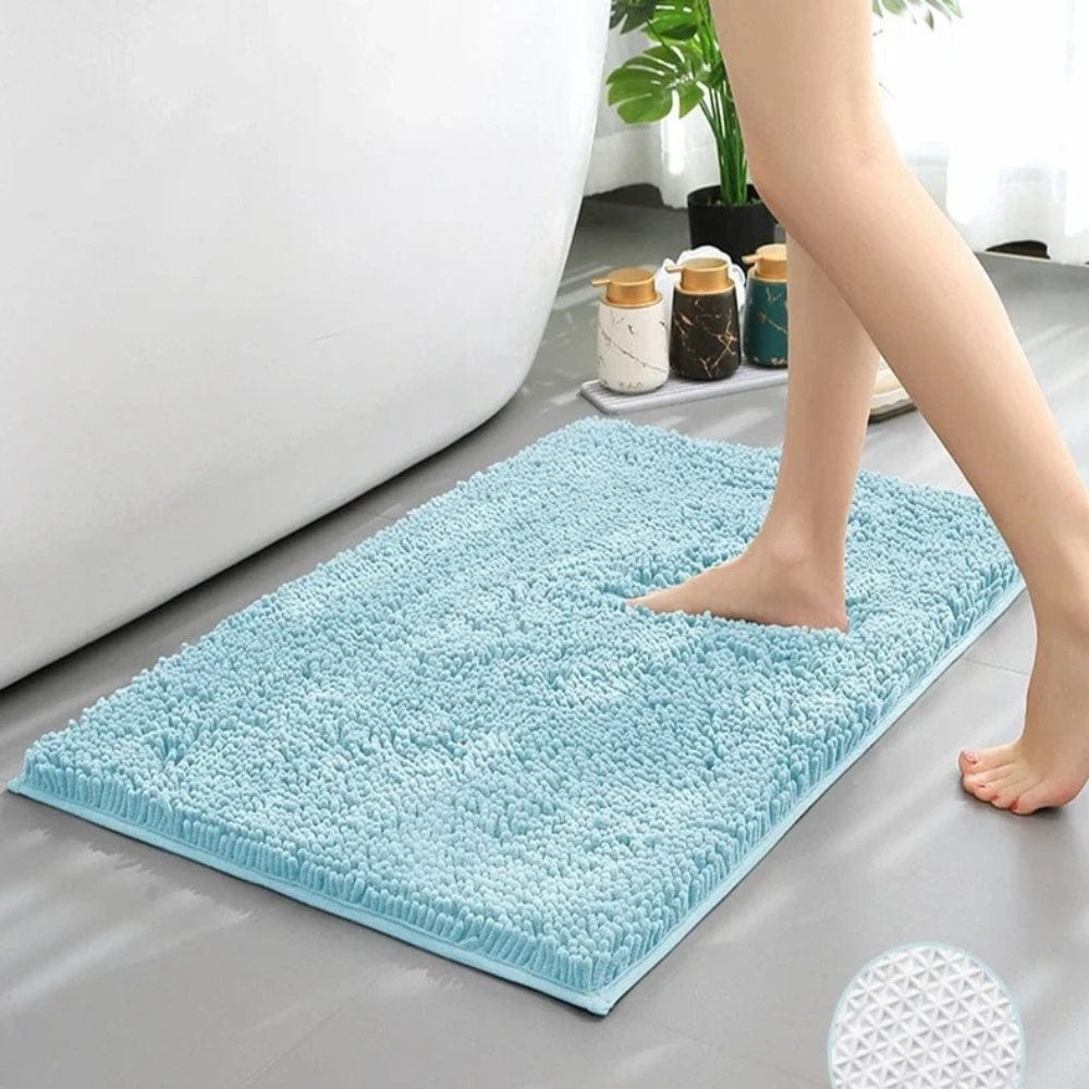 Soft Chenille Bath Mat in Light Blue for Bathroom Comfort.