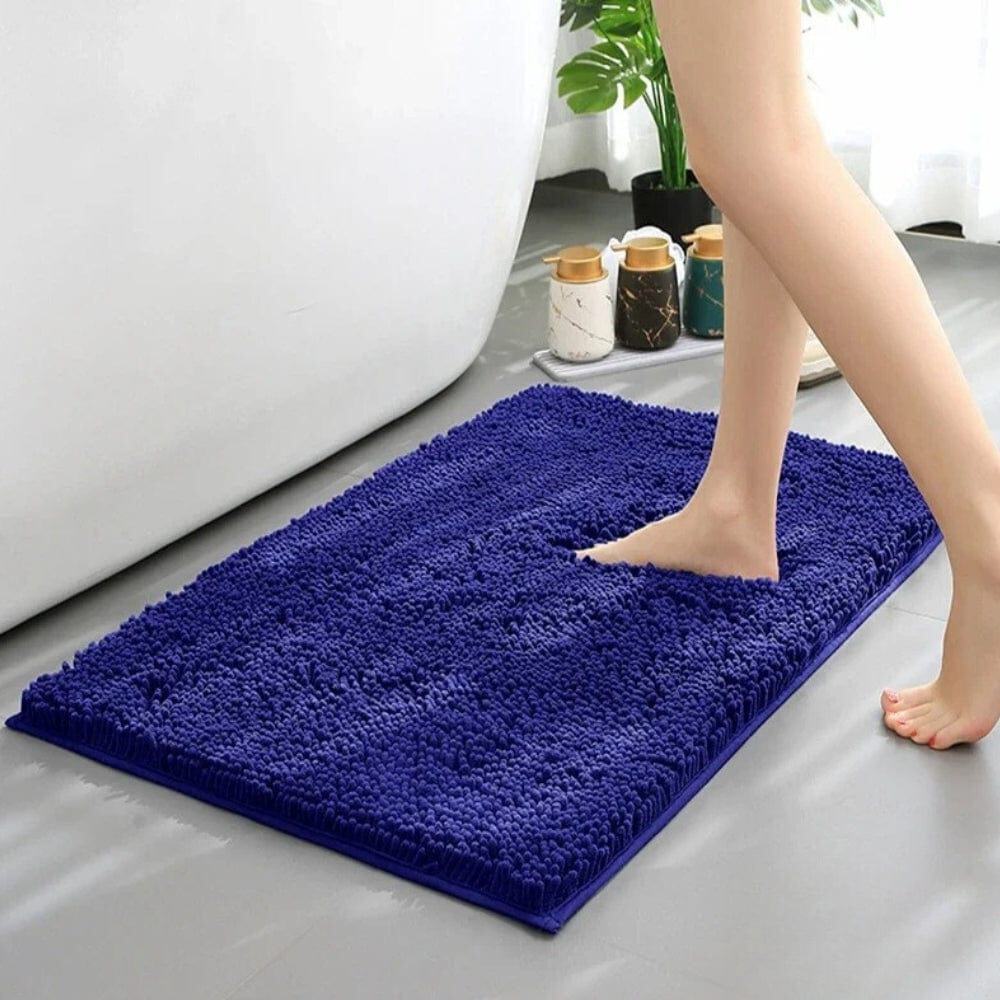Blue Chenille Bath Mat for Bathroom Comfort and Style.