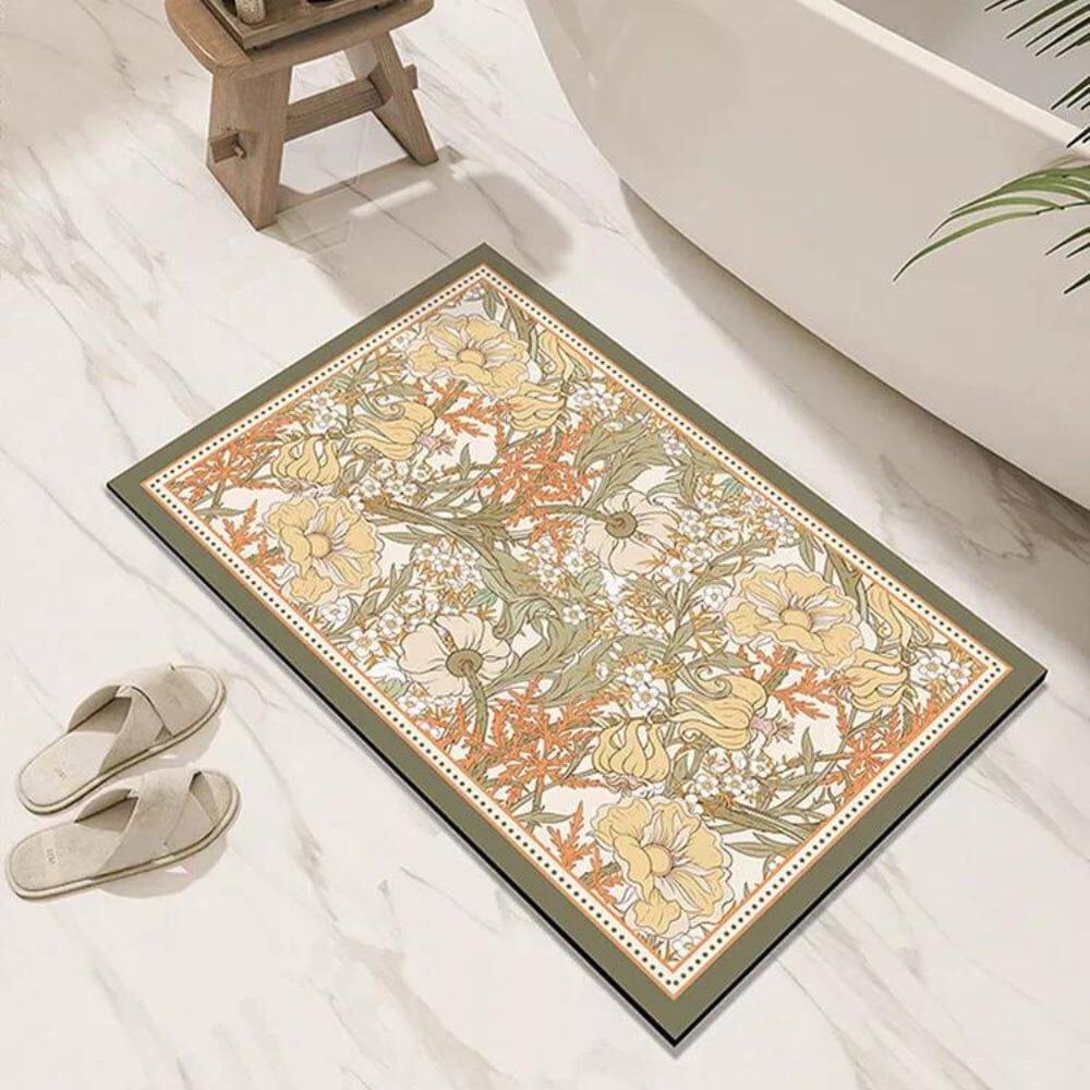 Diatomite Quick Dry Bath Mat with floral pattern for bathroom.