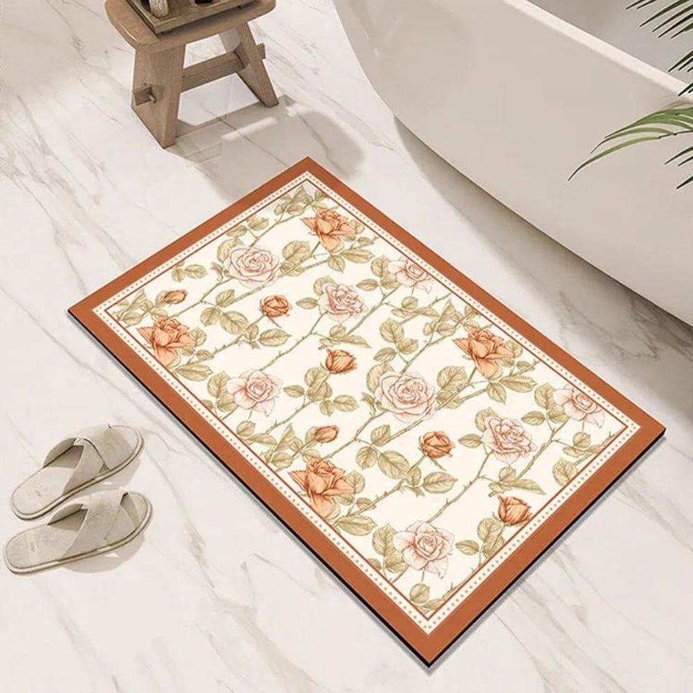 Diatomite Quick Dry Bath Mat with Rose Pattern.