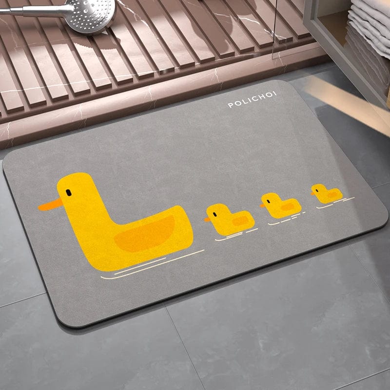 Yellow duck family bath mat with POLICH01 branding.