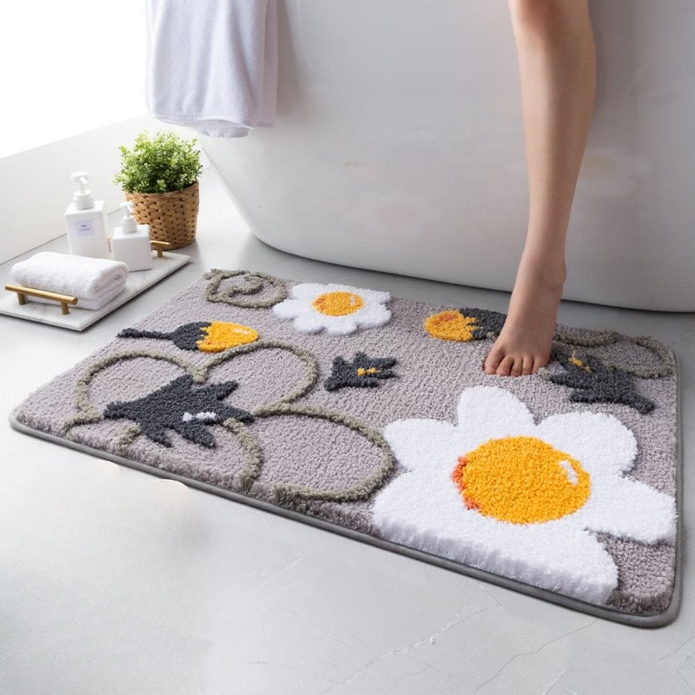 Floral Bath Mat with Daisy Design for Bathroom.