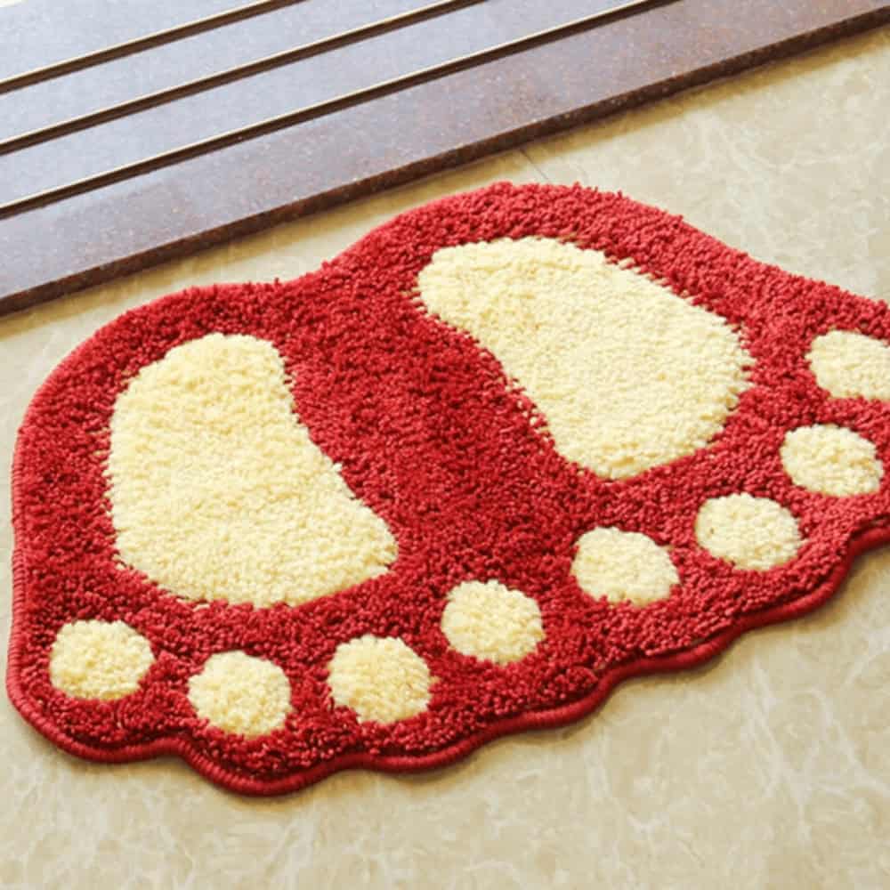 Foot shaped bath mat, red and cream, non-slip, bathroom rug.