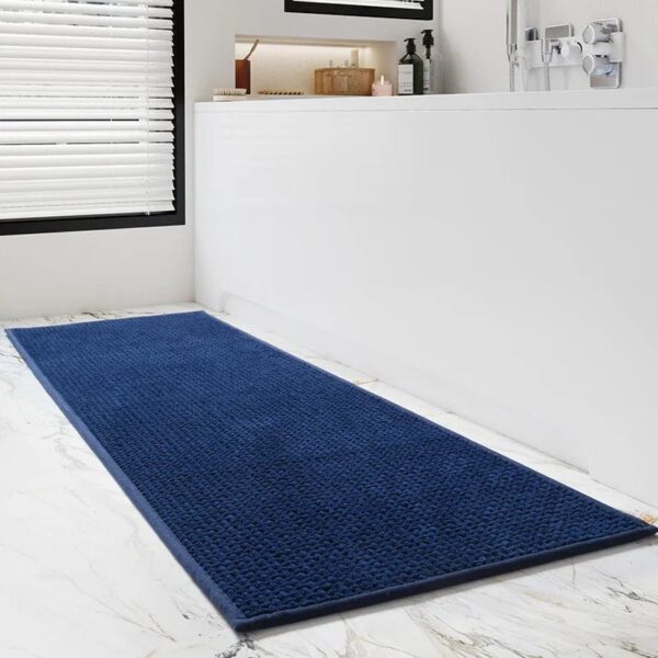 Blue textured bath mat for bathroom slip resistance.