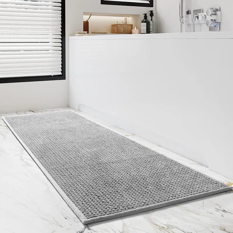 Grey textured bath mat for bathroom floor, non-slip, absorbent, modern design.