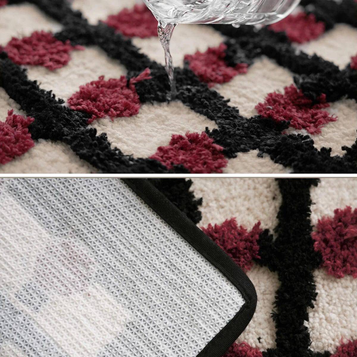 Geometric bath mat with water absorption and textured non-slip backing.