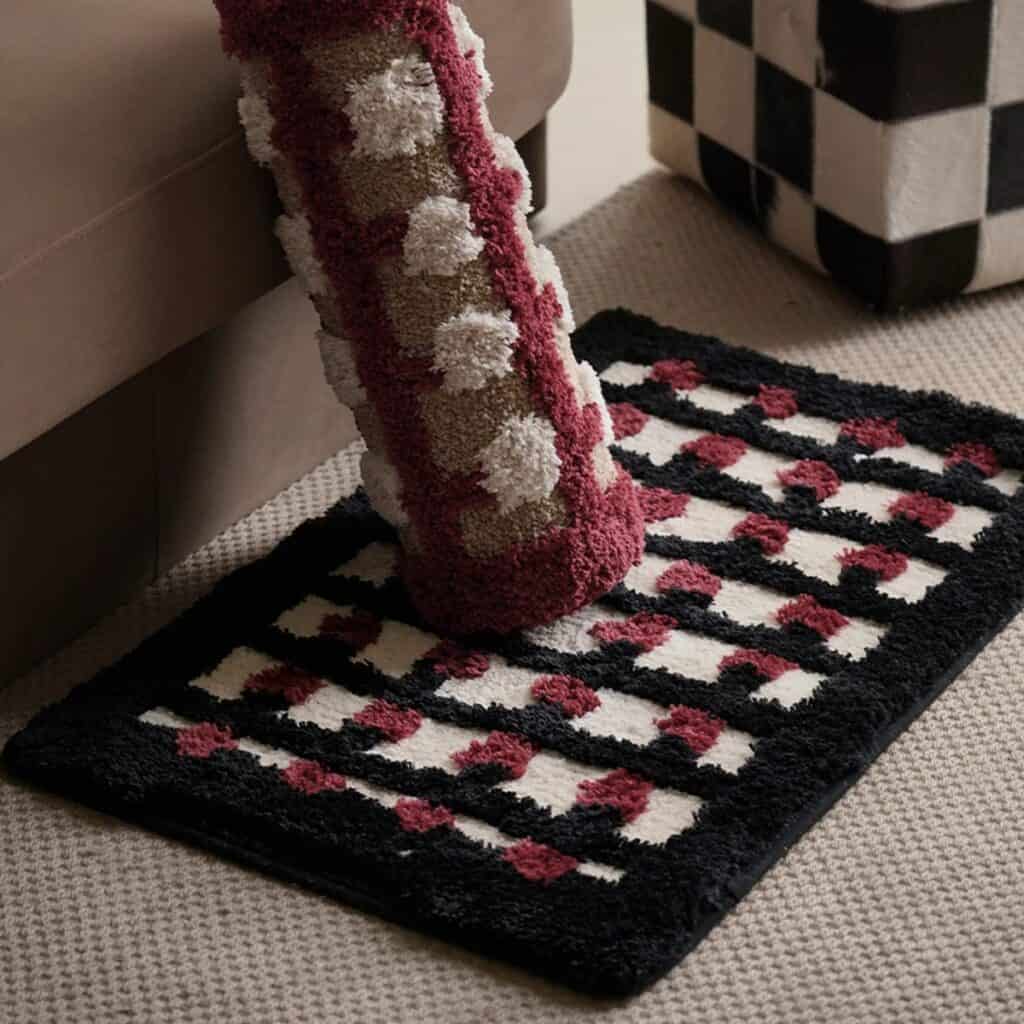 Geometric bath mat with black, white, and red pattern, cozy footstep design.