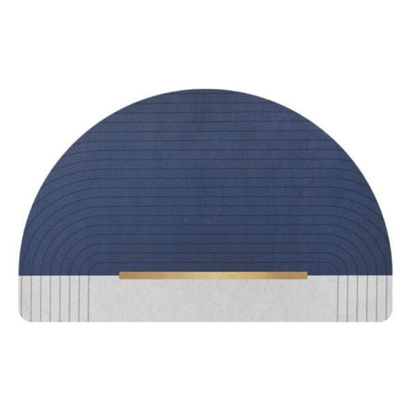 Half Circle Bath Mat Navy Blue and White with Gold Accent.