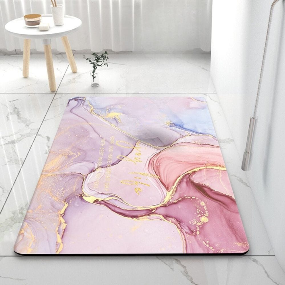 Large anti-slip bath mat with pink purple marble design for bathroom.