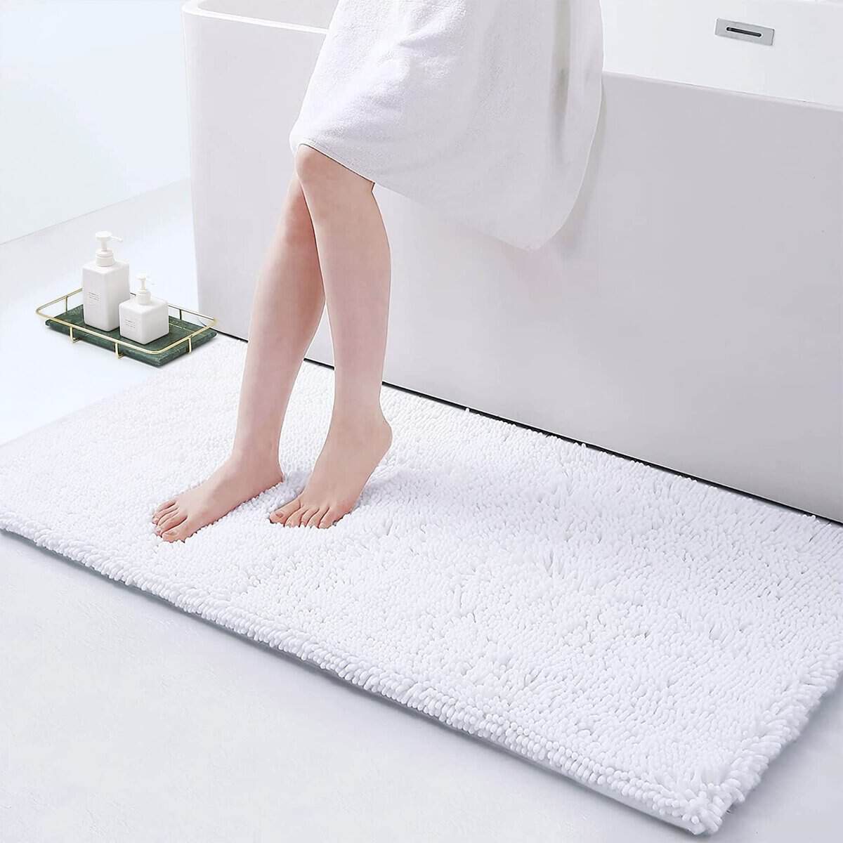 Large white non-slip bath mat for bathroom safety and comfort.