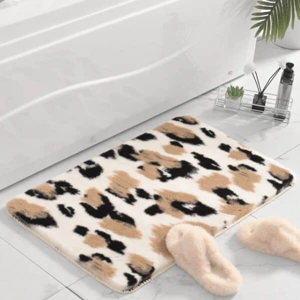 Leopard Print Bath Mat with Soft Fur Texture for Bathroom.