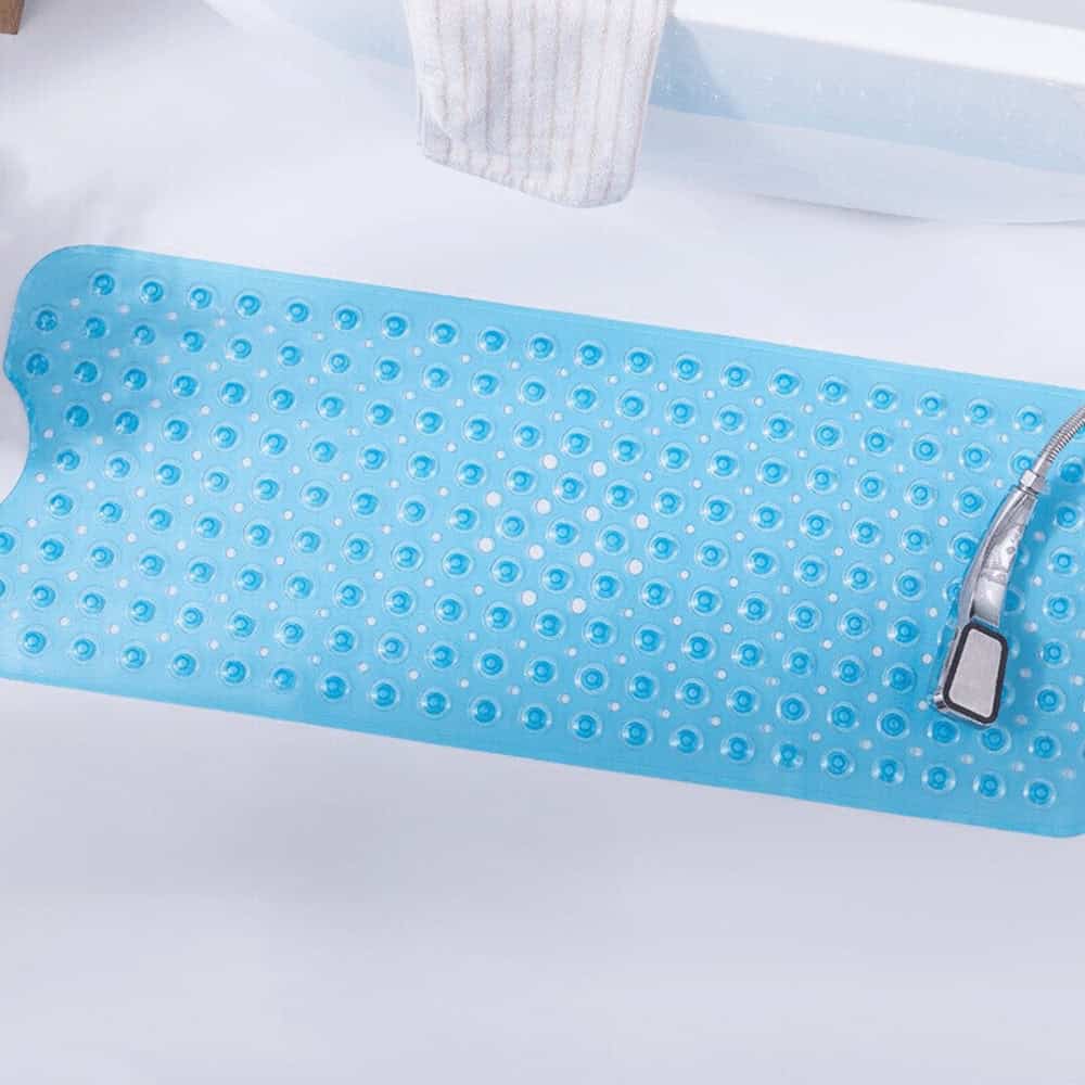 Long blue rubber non-slip bath mat with suction cups for safety in shower.