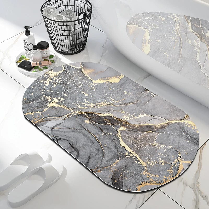 Marble Look Bath Mat with Gold Accents for Modern Bathroom.