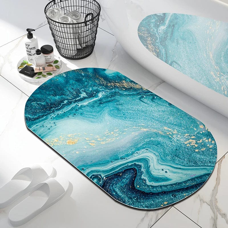 Marble Look Bath Mat with Blue and Gold Design.