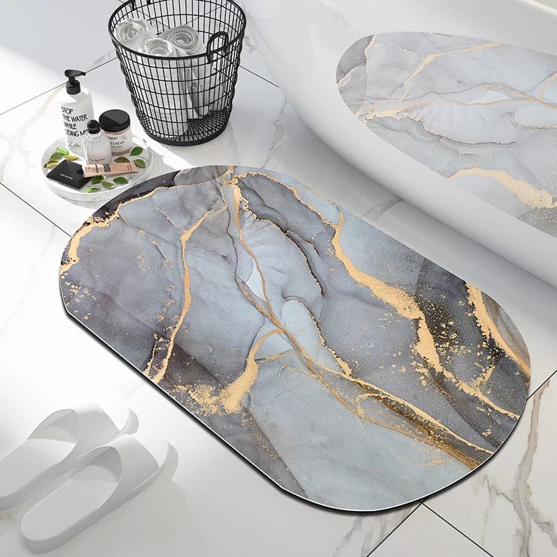 Marble Look Bath Mat with Gold Accents for Luxury Bathroom.