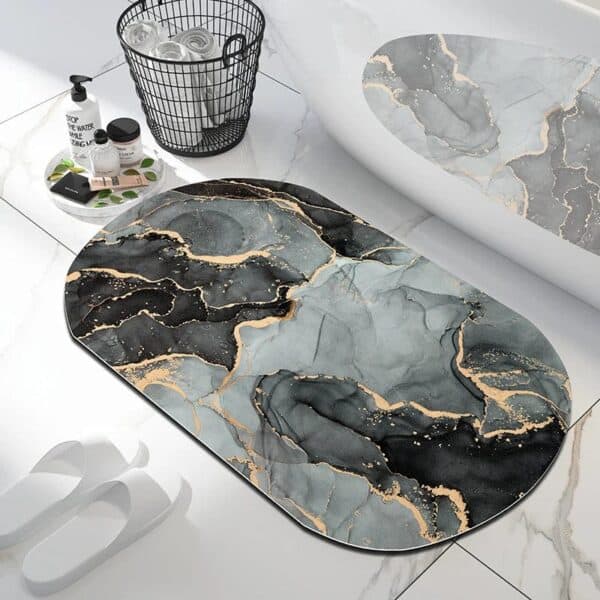 Marble Look Bath Mat with Black Gold Design.