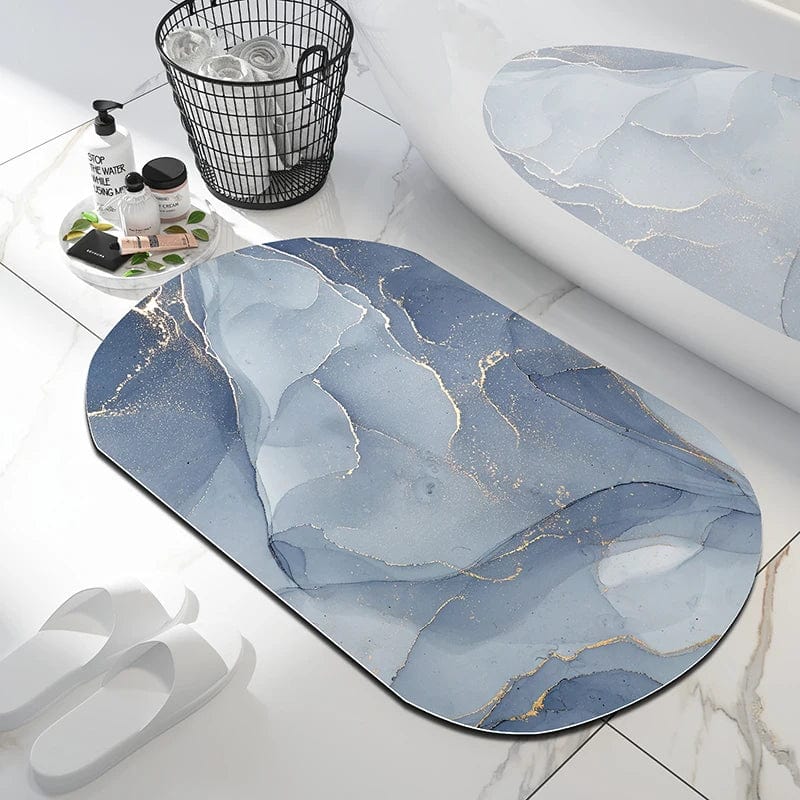 Blue Marble Look Bath Mat with Gold Accents for Modern Bathroom.