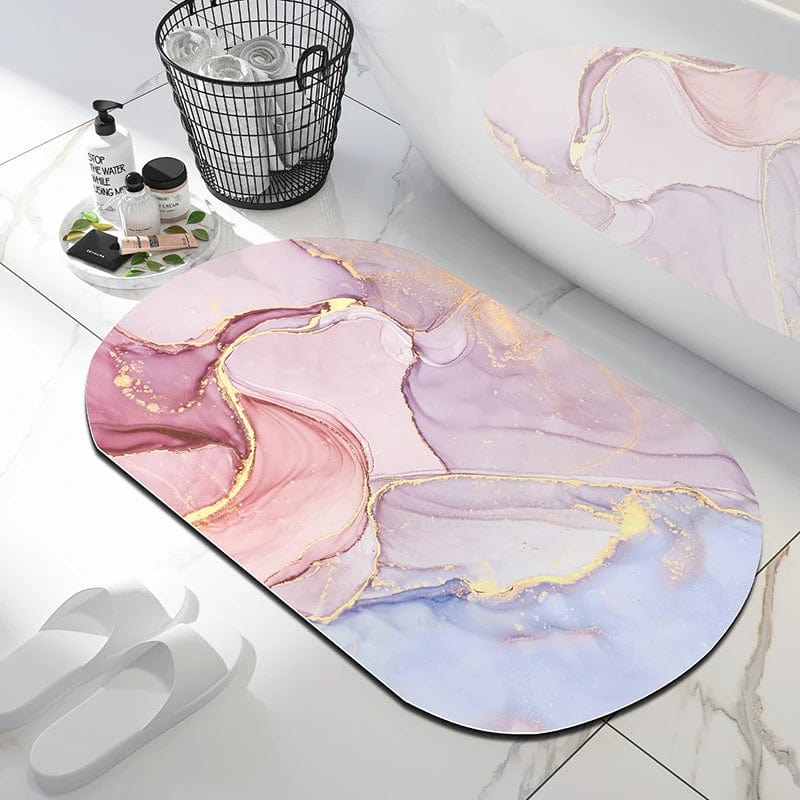 Marble Look Bath Mat with Pink Purple Gold Design.
