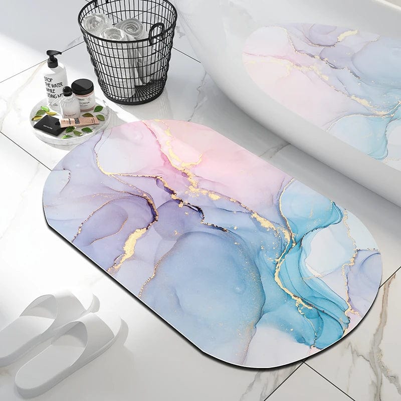 Marble Look Bath Mat with Pink Blue Gold Design.