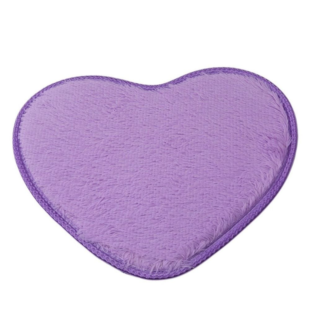 Purple heart-shaped microfiber chenille bath mat for cozy bathroom.