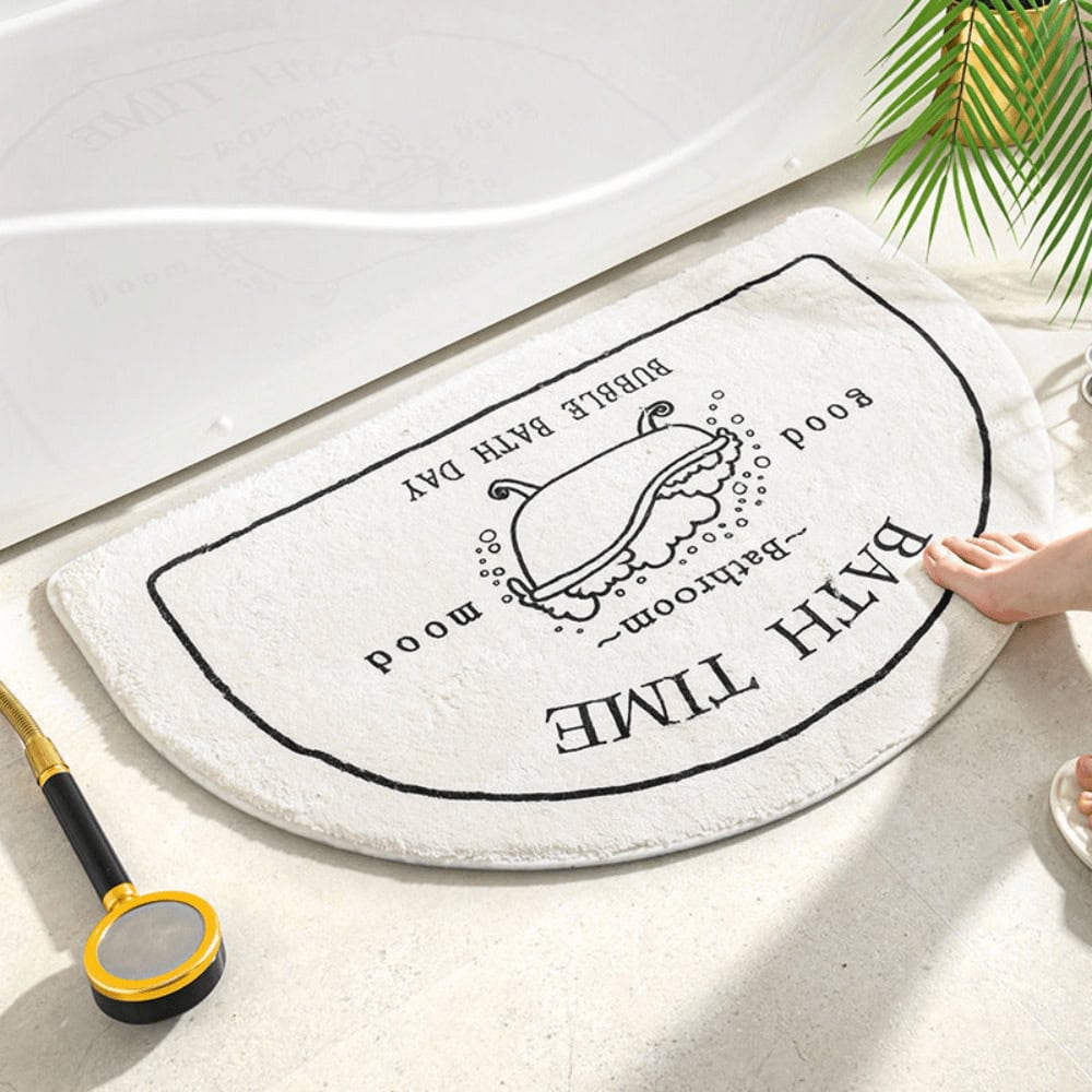 Moon-shaped bath mat with bubble bath design and 'Bath Time' text.