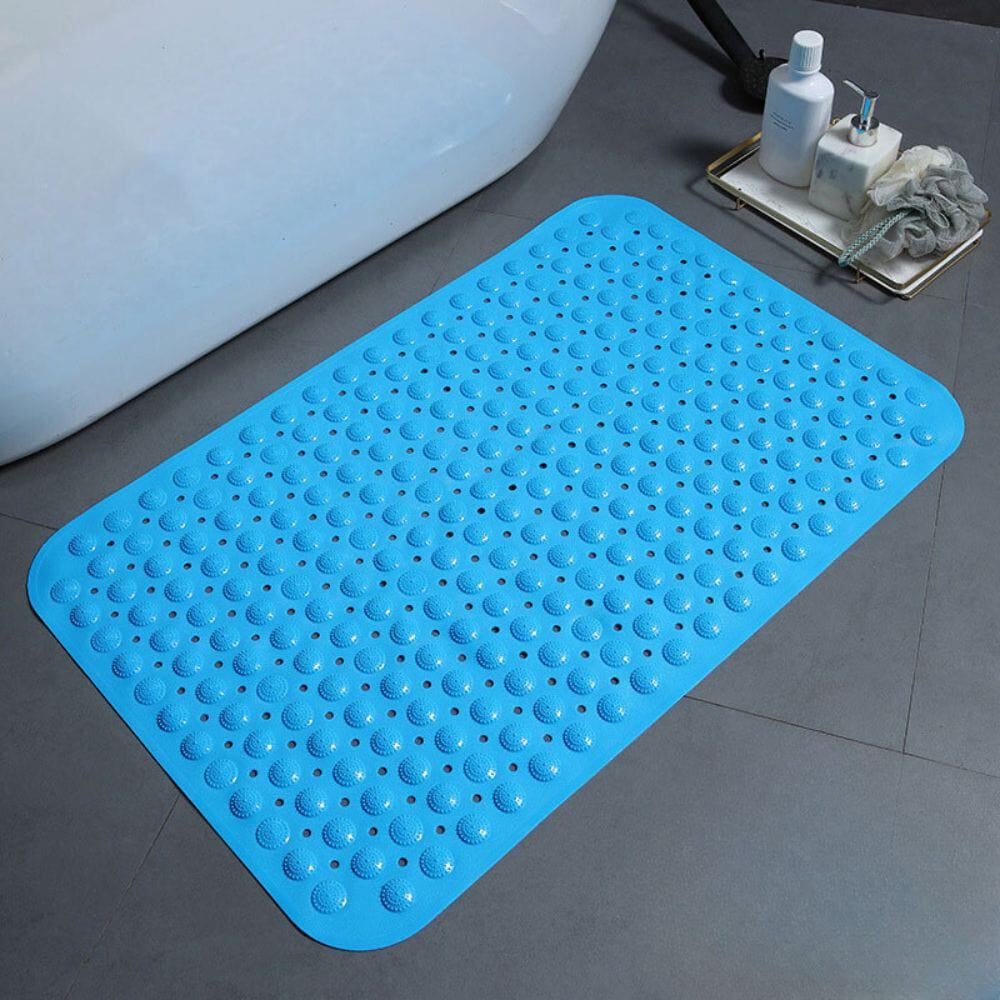 Blue non-slip bath mat with textured grip for bathroom safety.