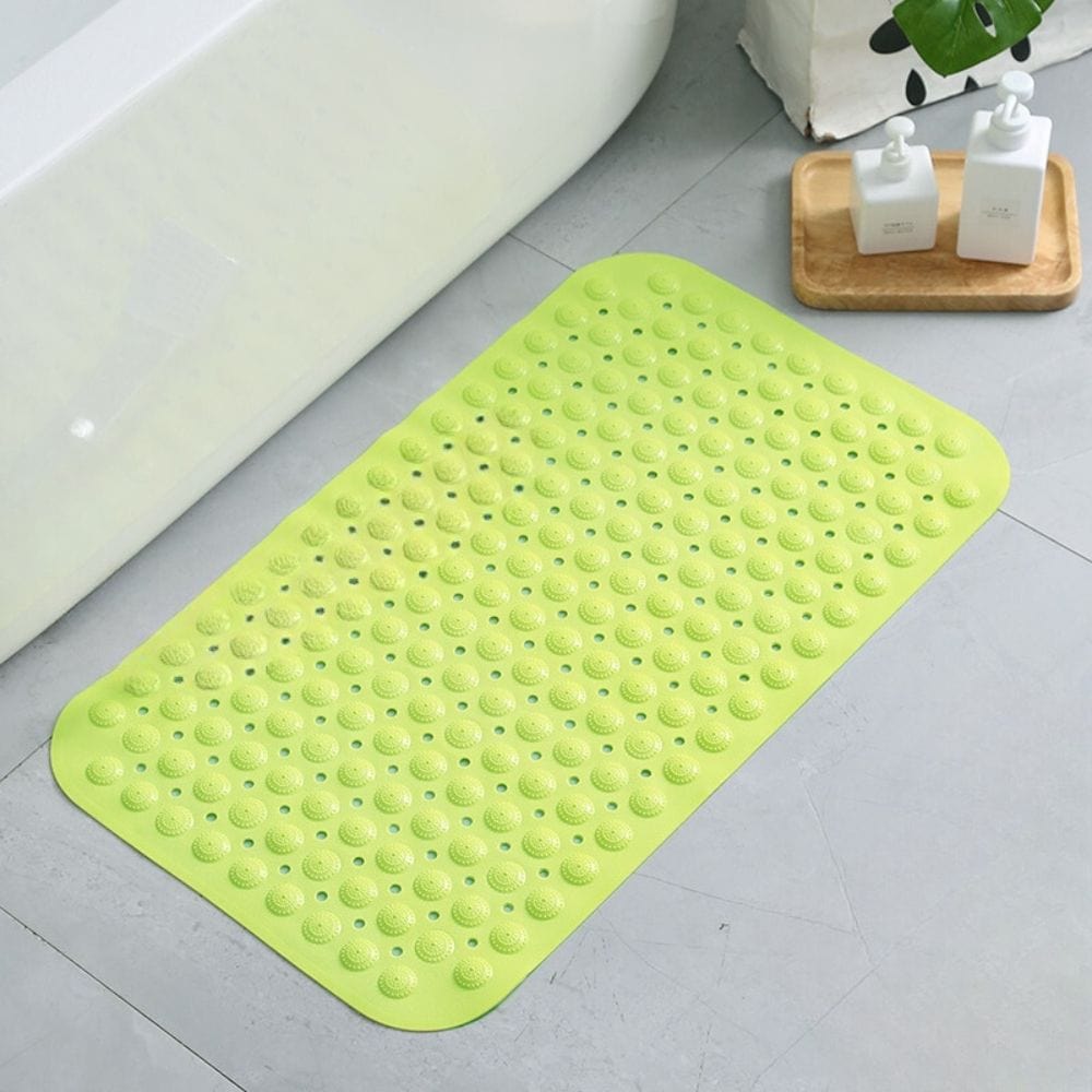 Non slip bath mat with textured grip design for bathroom safety.