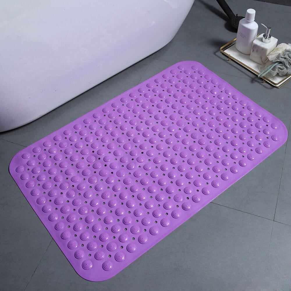 Purple non-slip bath mat with textured grip dots for bathroom safety.