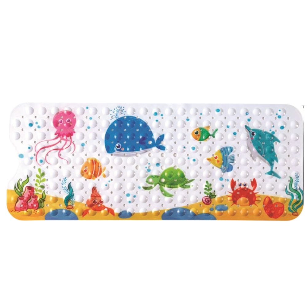 Non-slip baby bath mat with colorful ocean animals for safe bathing.