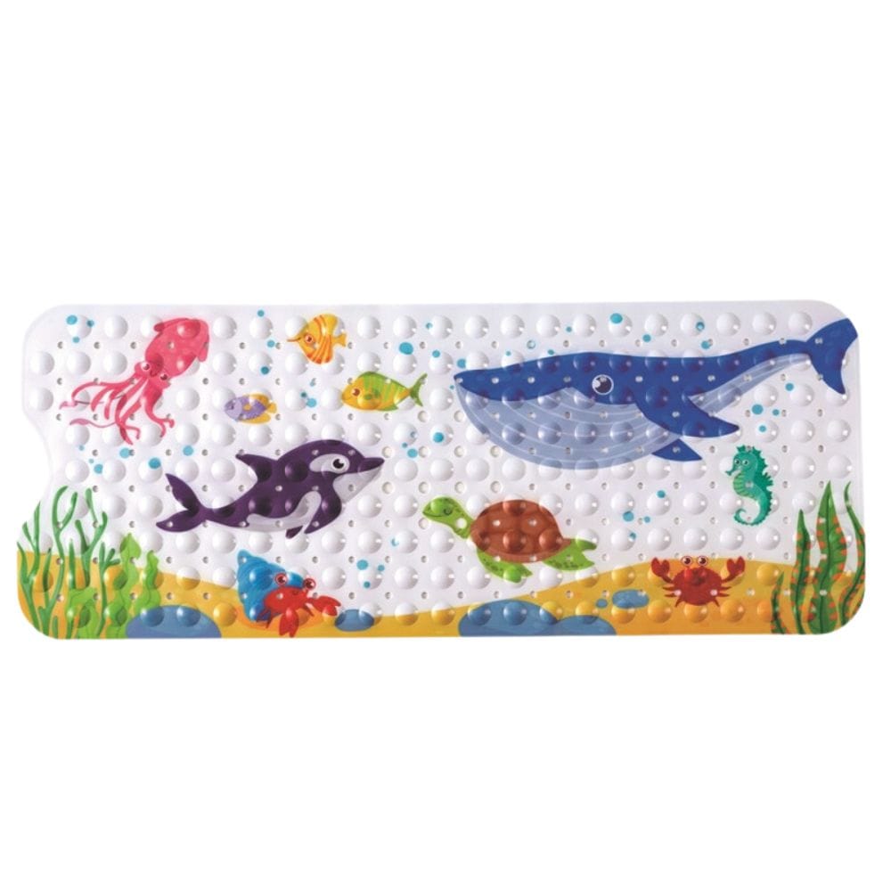 Non-slip baby bath mat with colorful ocean animals design.