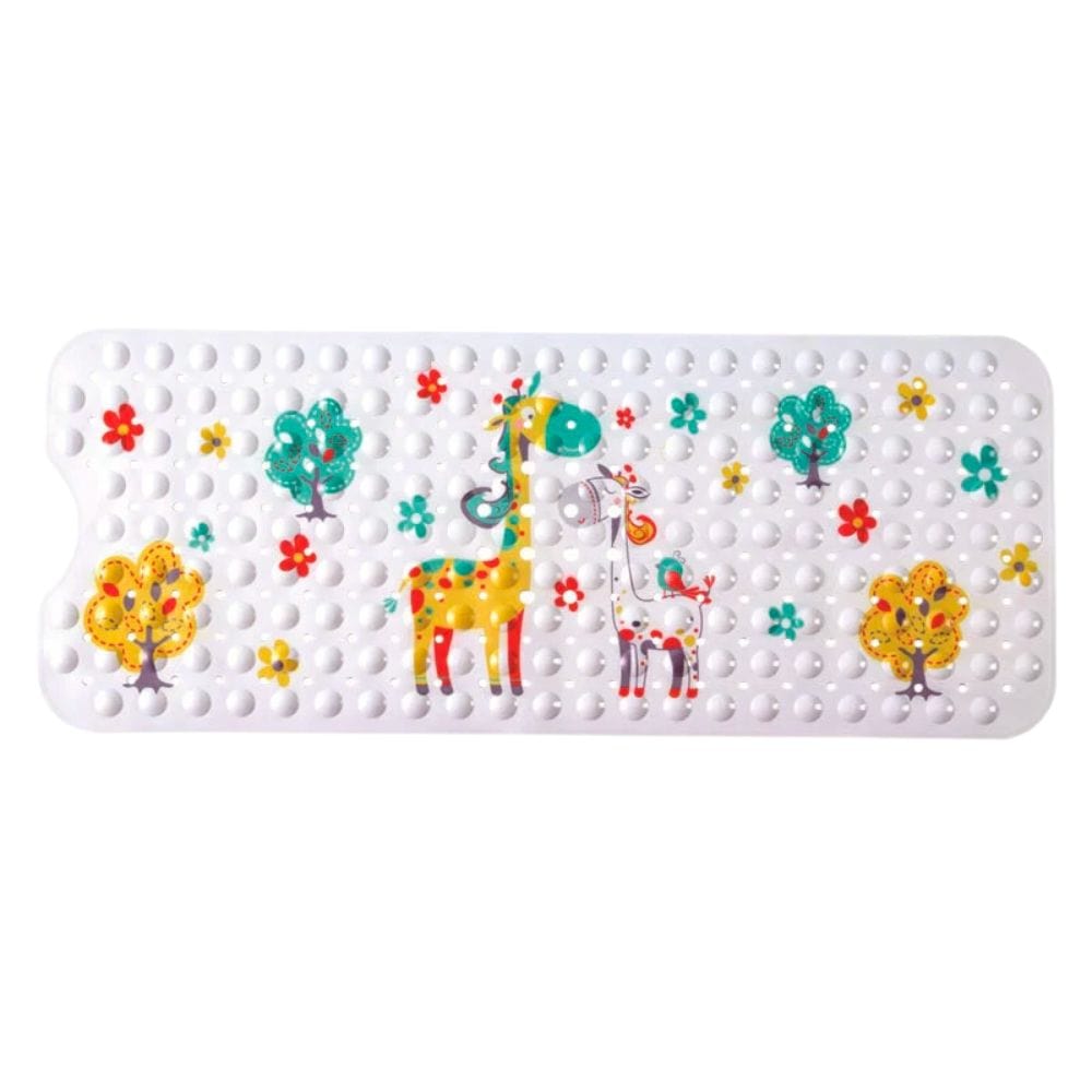 Non-slip baby bath mat with giraffe and tree design.
