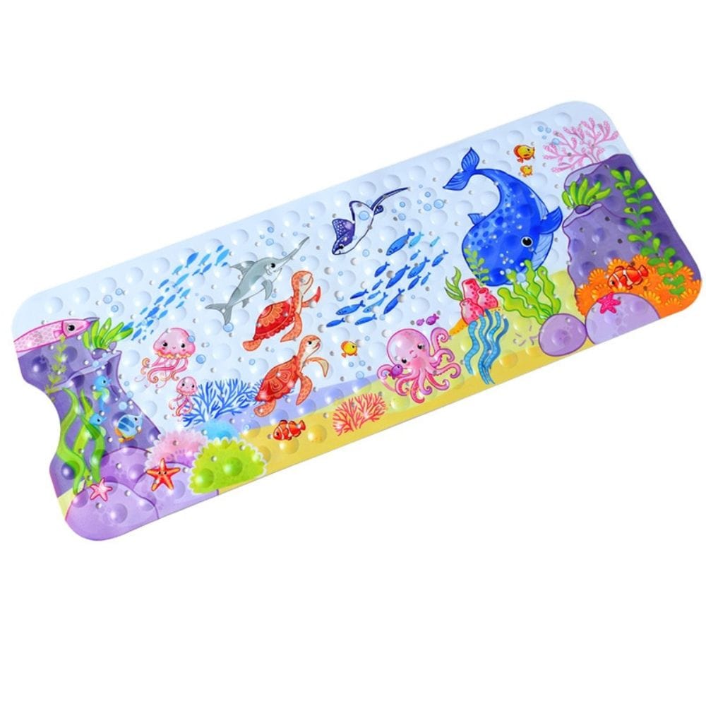 Non-slip baby bath mat with colorful ocean animals and textured surface.