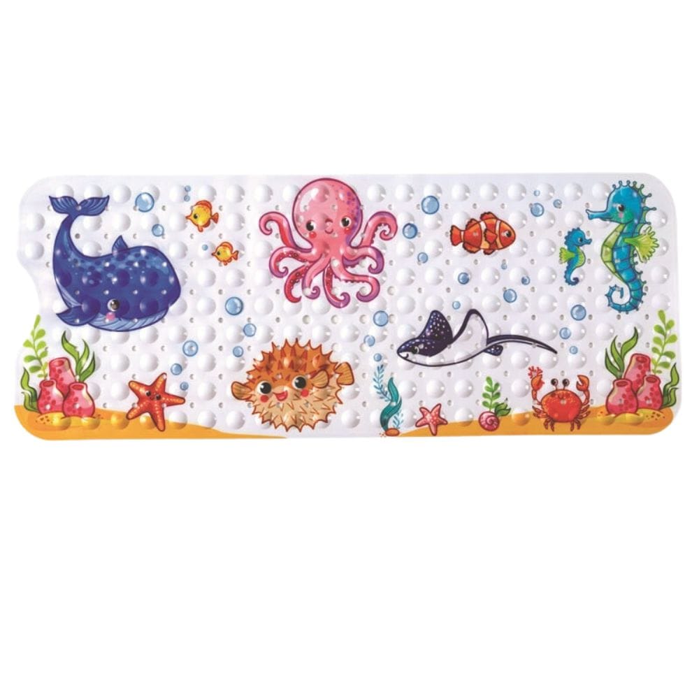 Non-slip baby bath mat with cute ocean animals.