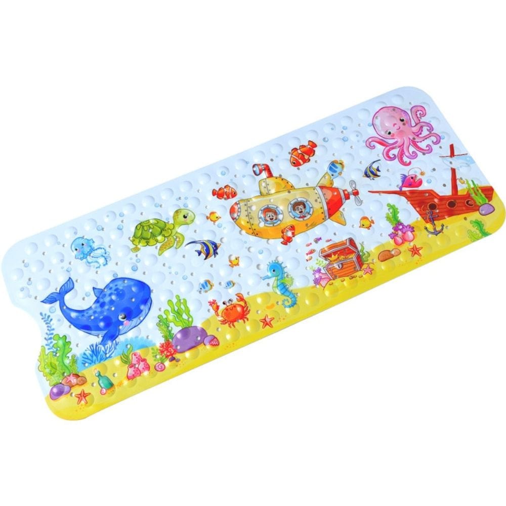 Non-slip baby bath mat with underwater theme and cartoon sea creatures.
