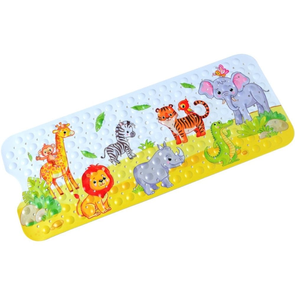 Non-slip children's bath mat with jungle animal design.