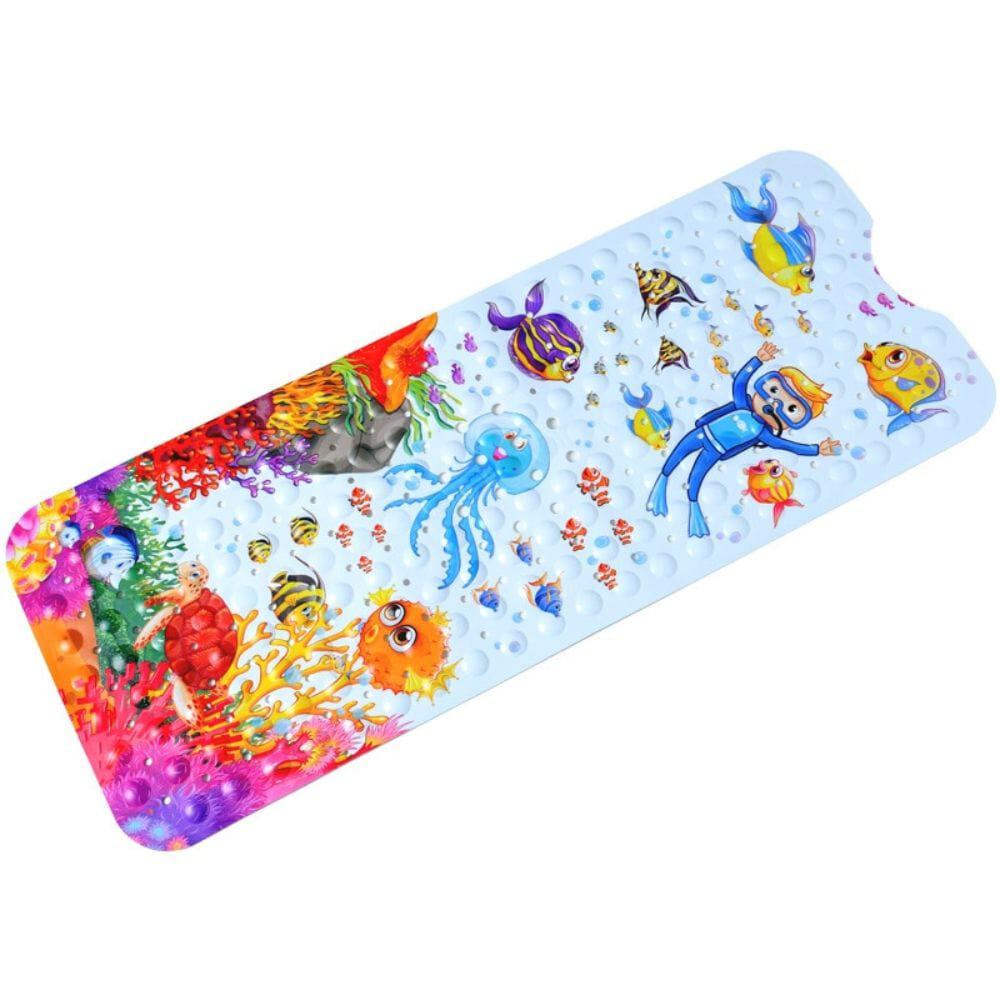 Non-slip children's bath mat with underwater theme and textured surface.